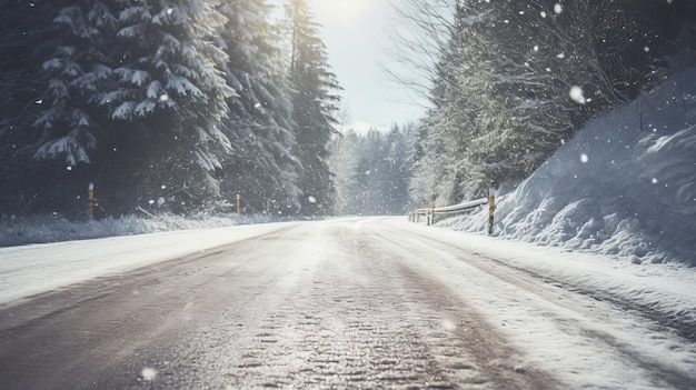 Zonnige winterweg bedekt met sneeuw Generatieve AI