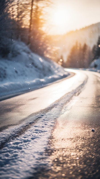 Zonnige winterweg bedekt met sneeuw Generatieve AI