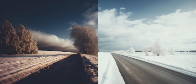 Zonnige winterweg bedekt met sneeuw Generatieve AI