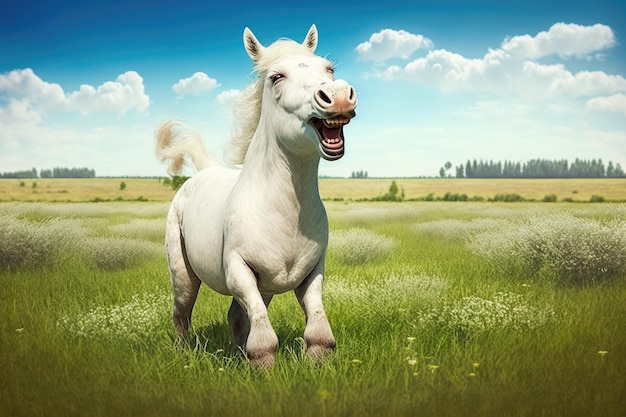 Zonnige zomerdag en klein lachend paard steigerend op de weide