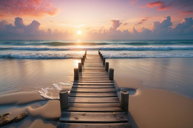 Foto zonnopgang op het strand over de houten pier.