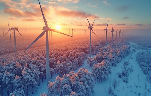 Zonnopgang over bevroren terrein gefotografeerd van boven met windturbines