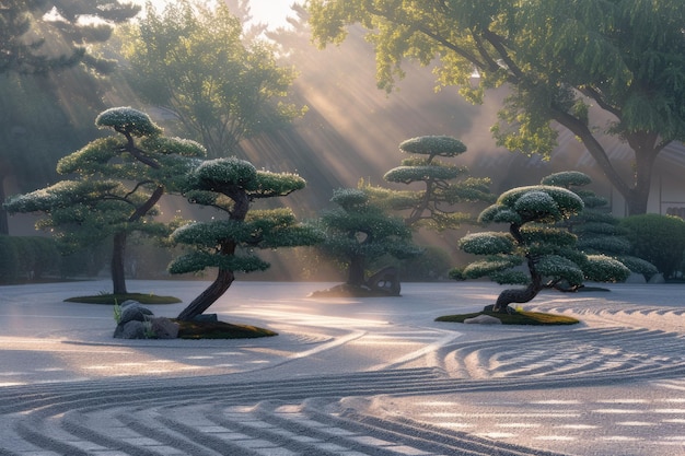 Zonnopgang over de vreedzame Japanse Zen tuin schitterend