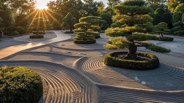 Zonnopgang over de vreedzame Japanse Zen tuin schitterend