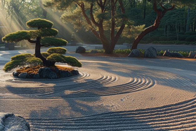 Zonnopgang over de vreedzame Japanse Zen tuin schitterend
