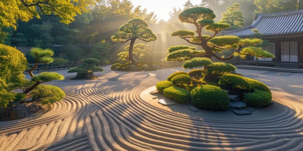 Zonnopgang over de vreedzame Japanse Zen-tuin schitterend