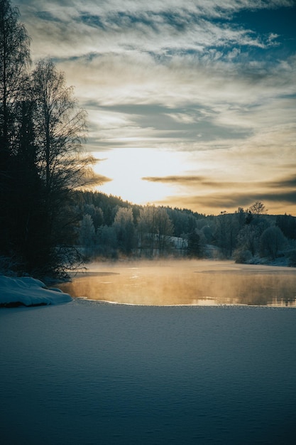 Foto zonondergang over een met sneeuw bedekte meer met bomen in de winter