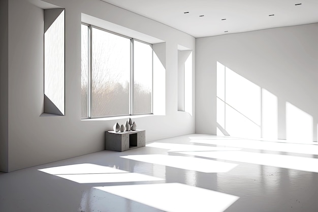 Zonovergoten 3D rendering minimale kamer met grote ramen en witte muren generatieve ai