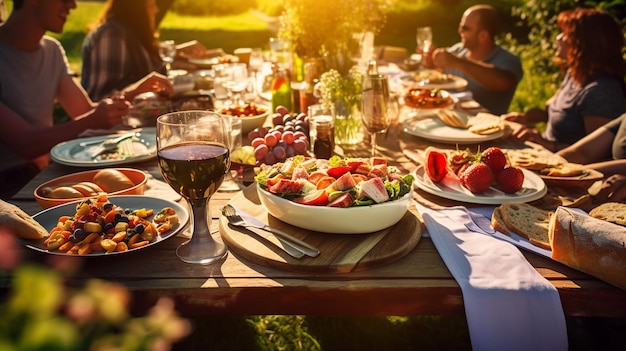 Zonovergoten buitenbijeenkomst van vrienden die genieten van een zomerse maaltijd met verse salades, drankjes en brood