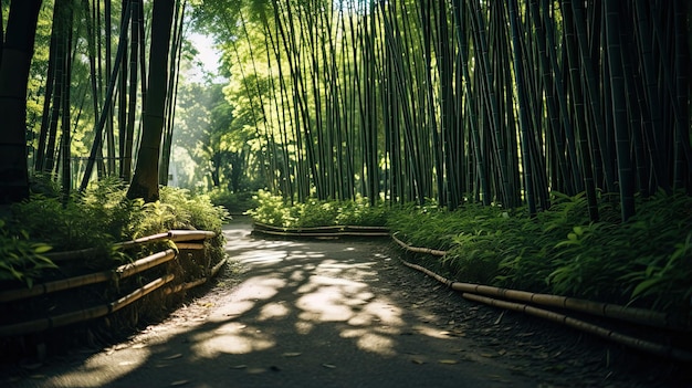 Zonovergoten pad door een dicht bamboebos