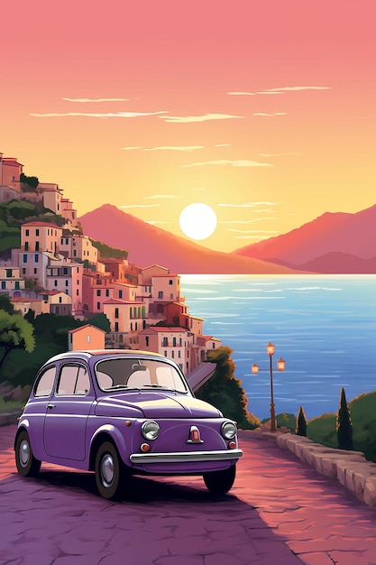 Foto zonsondergang aan de italiaanse kust italiaans dorp op de achtergrond op een heuvel