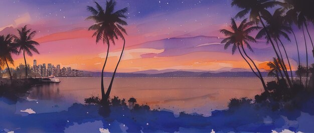 Zonsondergang aan de tropische kust van het eiland met palmbomen aquarel illustratie Generatieve AI