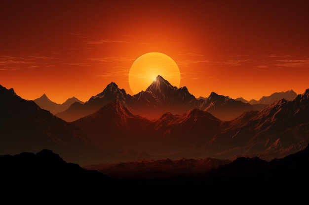 Foto zonsondergang achter de silhouette van de berg