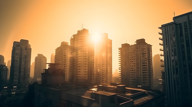 Zonsondergang achter de skyline van appartementen in de woonwijk