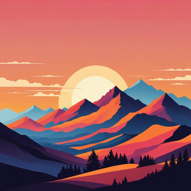Zonsondergang berg landschap silhouet vlakke illustratie