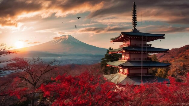 Zonsondergang bij de chureito pagode en Mt Fuji