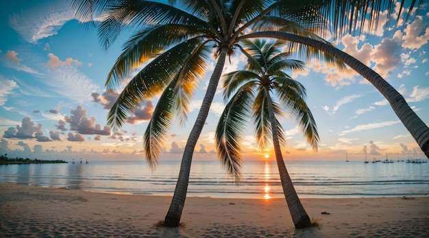 Zonsondergang bij tropisch strand en kokospalm