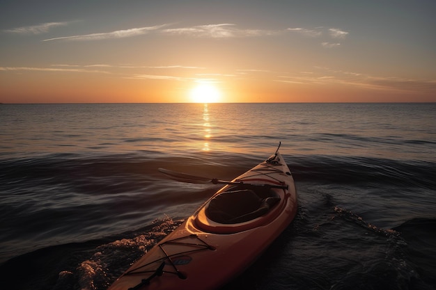 Zonsondergang boven de oceaan met een kajak op de voorgrond gemaakt met generatieve AI