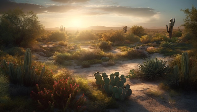 Zonsondergang boven een rustig landschap, natuurschoon in dor Afrika, gegenereerd door kunstmatige intelligentie