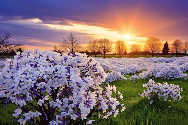 Zonsondergang boven een rustige weide met wilde bloemen