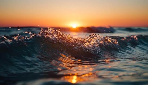 Zonsondergang boven watergolven die op zand spatten, gegenereerd door AI