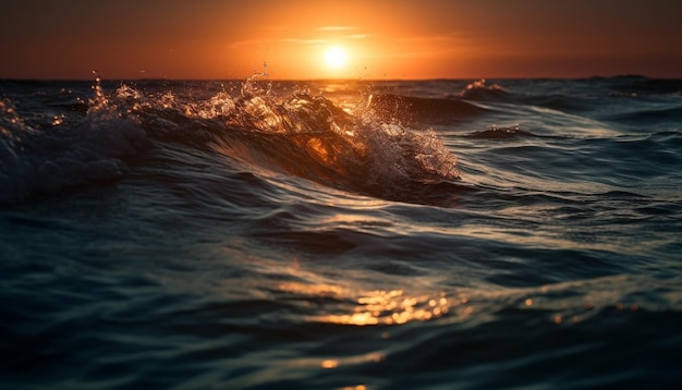 Zonsondergang boven watergolven die op zand spatten, gegenereerd door AI