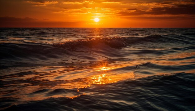 Zonsondergang boven watergolven weerspiegelt levendige schoonheid gegenereerd door AI