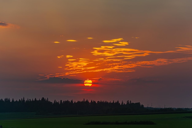 Zonsondergang De zon gaat onder achter wolken tegen een achtergrond van groen bos en velden