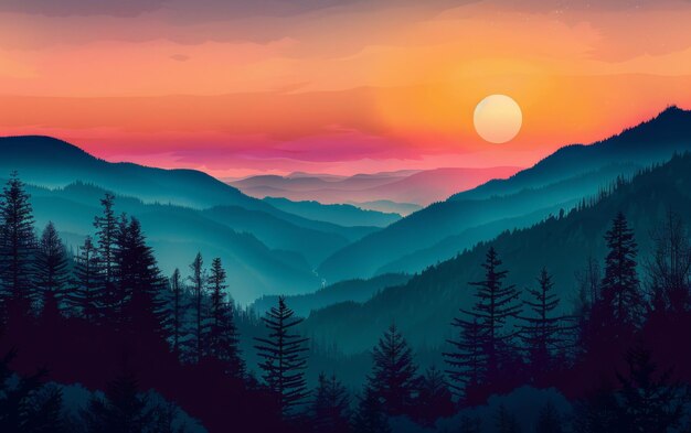 Foto zonsondergang en silhouetten van bomen in de bergen