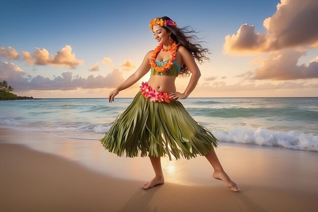 Foto zonsondergang foto van een mooie hawaiiaanse hula danseres in gras rok blote voeten op het strand