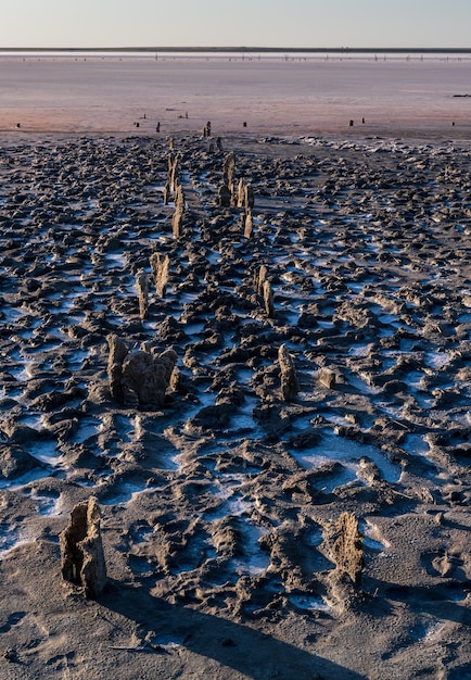 Zonsondergang Genichesk roze zoutmeer Oekraïne