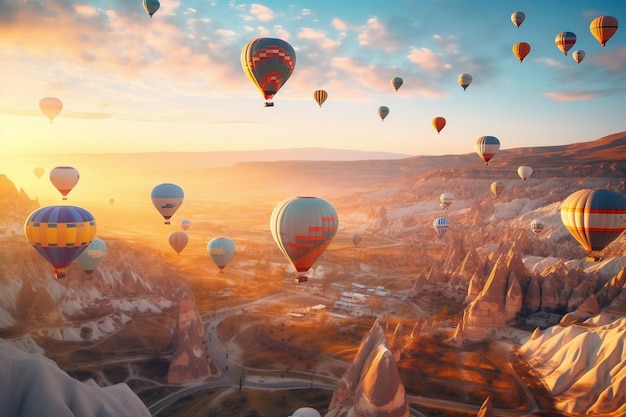 Zonsondergang heteluchtballonnen in Cappadocië Generatieve AI