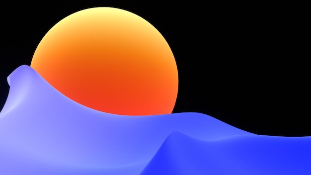 Zonsondergang in abstracte zee achtergrond Gradiënt enorme rode 3d render zon badend in blauwe golven