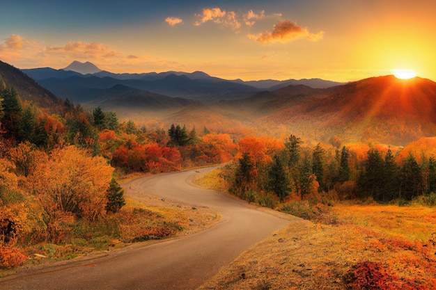 Zonsondergang in berglandschap met snelweg