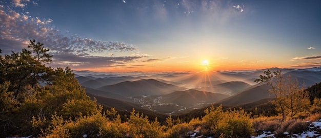 Zonsondergang in de bergen banner Generatieve AI