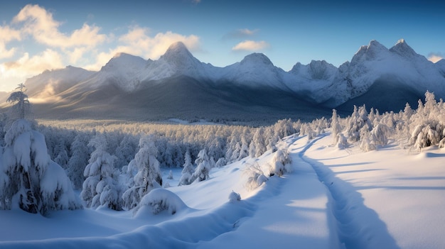 Zonsondergang in de bergen in de winter