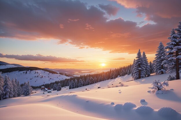 Zonsondergang in de besneeuwde winter