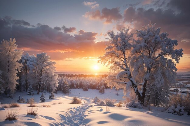 Zonsondergang in de besneeuwde winter