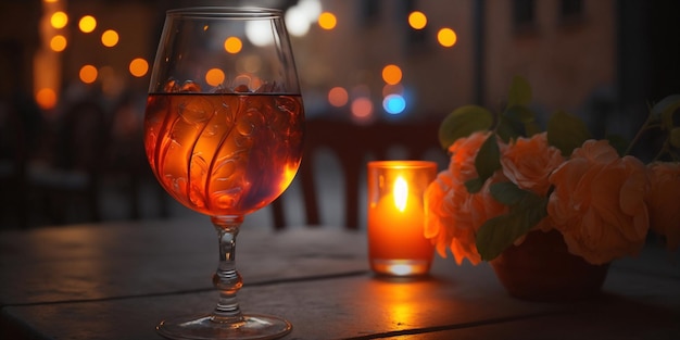 zonsondergang in de stad straatcafé twee glazen wijn op tafel op zomeravond stadskaarsen wazig licht