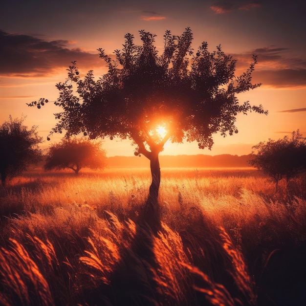 zonsondergang in de veldboom op de achtergrond van zonsondergang