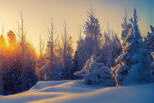 Zonsondergang in de winter in het bos. generatieve AI