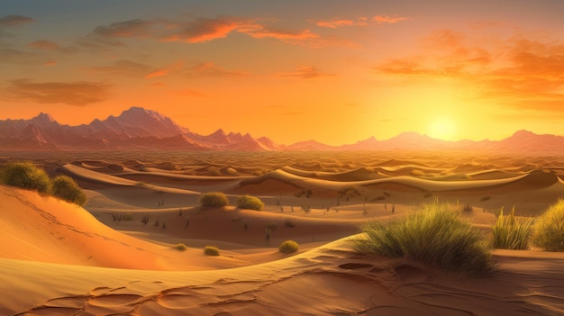 Zonsondergang in de woestijn met bergen op de achtergrond