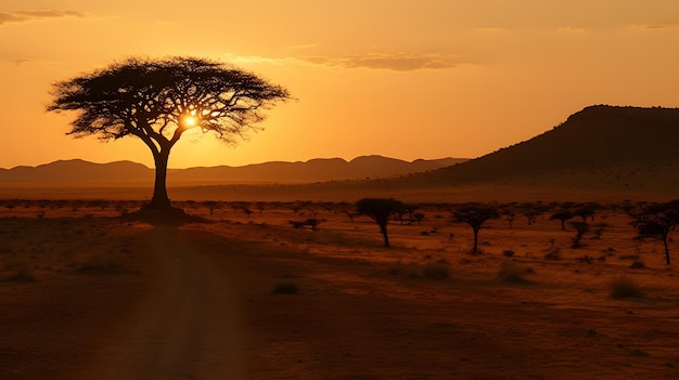 Zonsondergang in de woestijn met een boom op de voorgrond