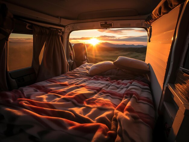 Foto zonsondergang in een camper met uitzicht op de bergen