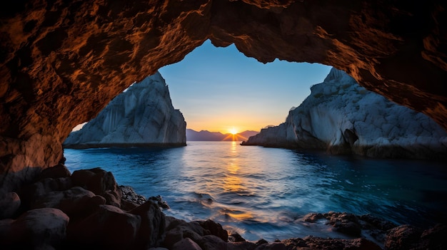 Zonsondergang in een grot aan de kust van het eiland Zakynthos