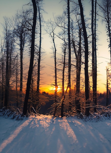 Zonsondergang in het bos in de winterperiode_ai_generated