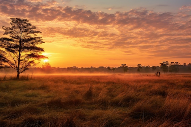 Foto zonsondergang in het okavango delta moremi national park in botswana zonsopgang boven de savanne en grasvelden in het centrale kruger national park zuid-afrika ai gegenereerd