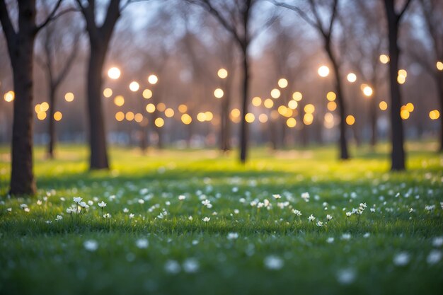 Zonsondergang in het park, wazige stadsverlichting, bokeh achtergrond.