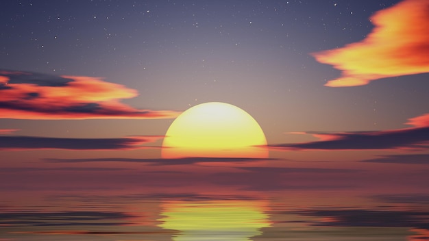 Zonsondergang in zee zon in golven van de oceaan Fantastische zonsondergang in de zomer op zee zon smelt in de golven Wolken in stralen van de zon worden weerspiegeld in het water 3d render