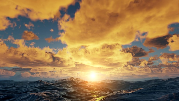 Zonsondergang in zee zon in golven van de oceaan fantastische zonsondergang in de zomer op zee zon smelt in de golven wolken in stralen van de zon worden weerspiegeld in het water 3d render